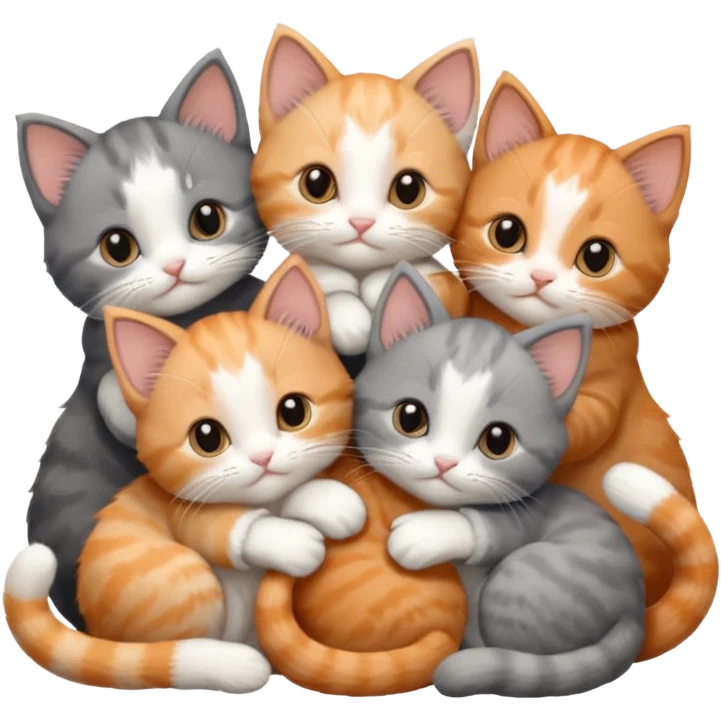 6 tiny kittens cuddling together all various different natural colours including solid grey with white mittens, grey and white, ginger and white, calico, and brown and white emoji