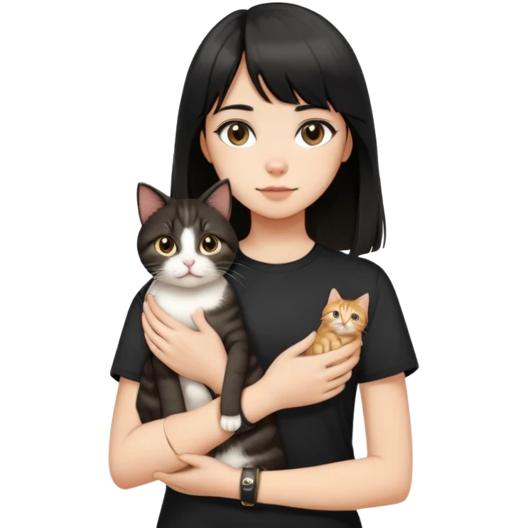 A girl with black long hair and middle-parted bangs, wearing a black short-sleeved shirt, a brown bracelet on her right wrist, white skin, holding a tabby cat, the cat is standing upright emoji