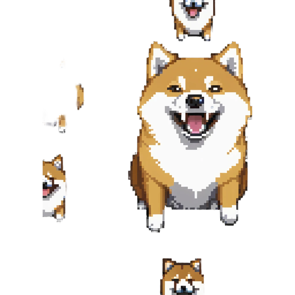 Shiba Inu in Doge style, laughing expression, vibrant colors, pixelated texture emoji