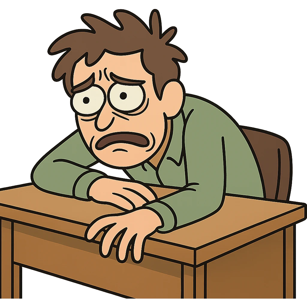 a person slumped over a desk, looking desperate, cartoon style emoji