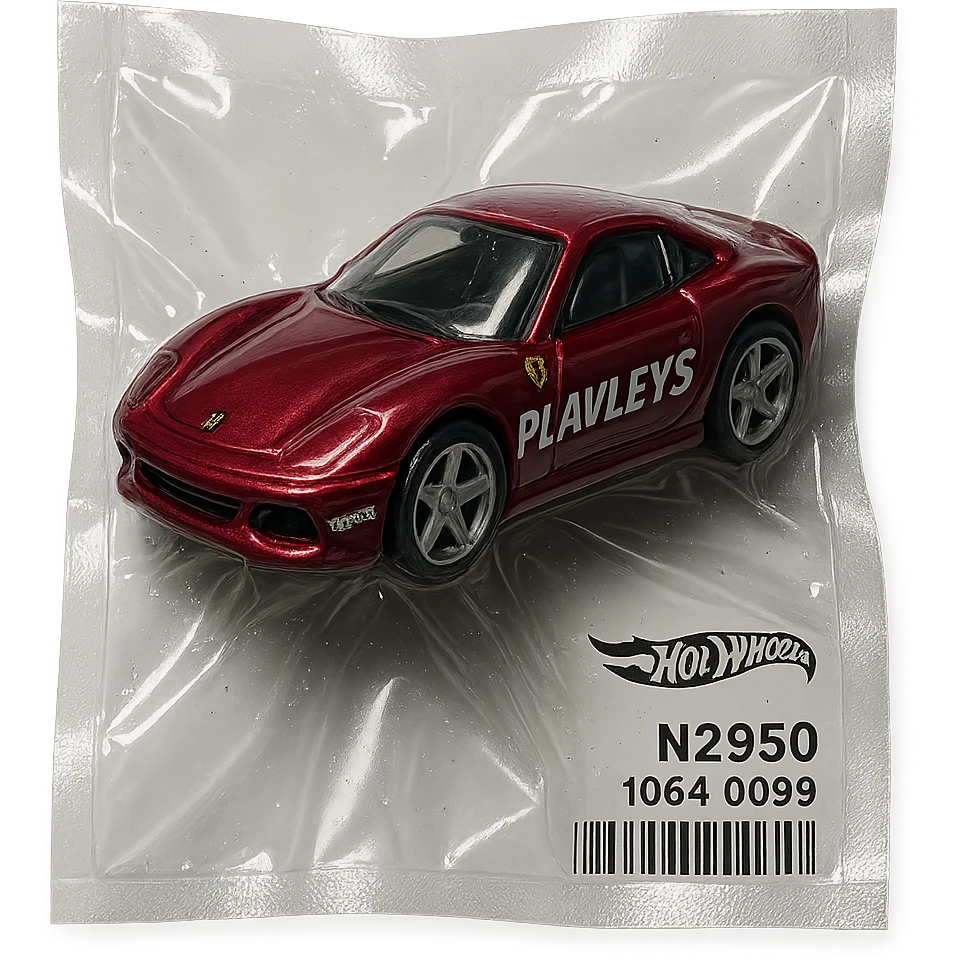 burgundy Hot Wheels Ferrari toy car with 'PLAVLEYS' lettering on the body, shiny and inflated, vacuum-sealed style emoji