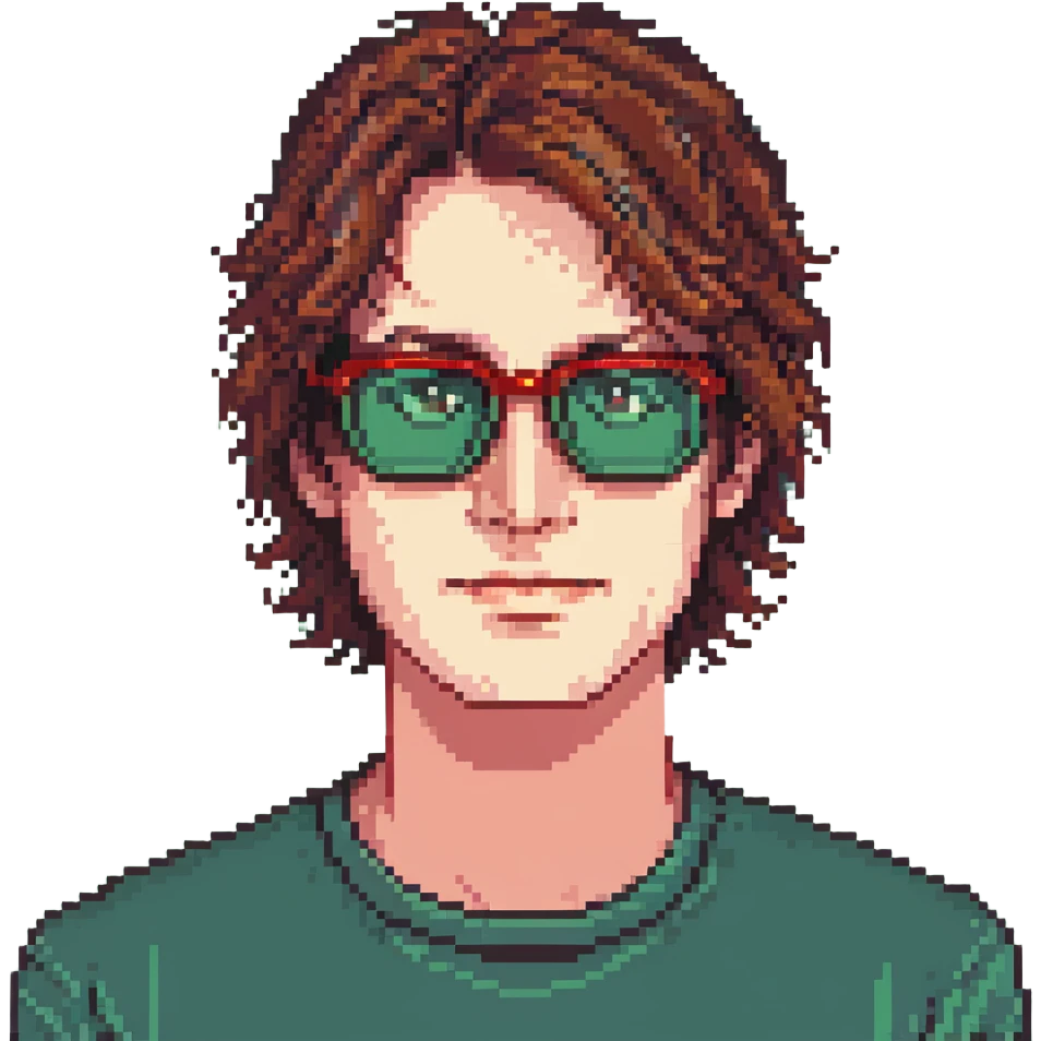 face of a man with a lot of brown hair and red glasses emoji