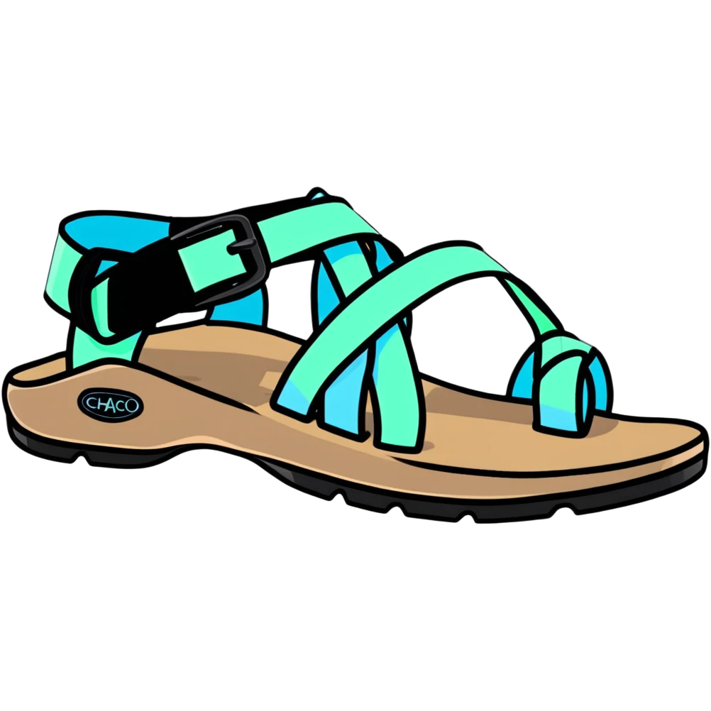 Chaco sandal with toe loop, black footbed, light blue and light green straps emoji
