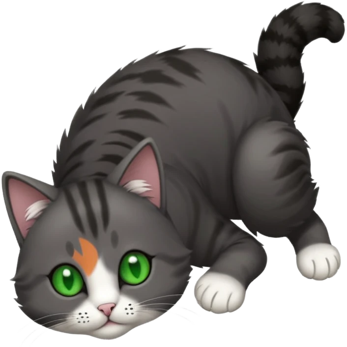 solid dark grey cat with green eyes, white toes/paws playfully rolling upside down emoji