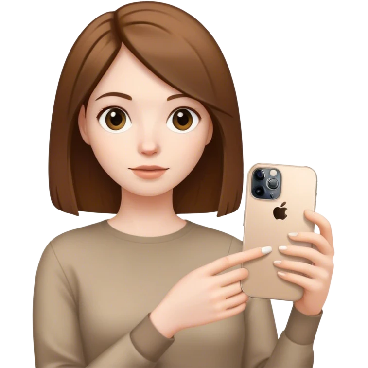 pale skin woman with brown Straightened bob Hair, holding white IPhone 15 pro in the hands emoji