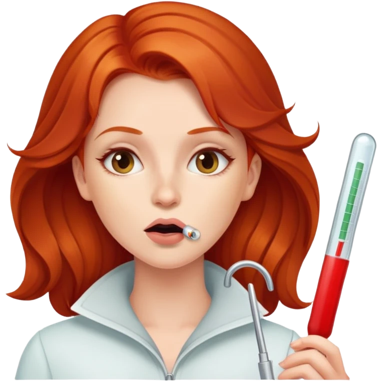Redhead woman with thermometer in her mouth emoji