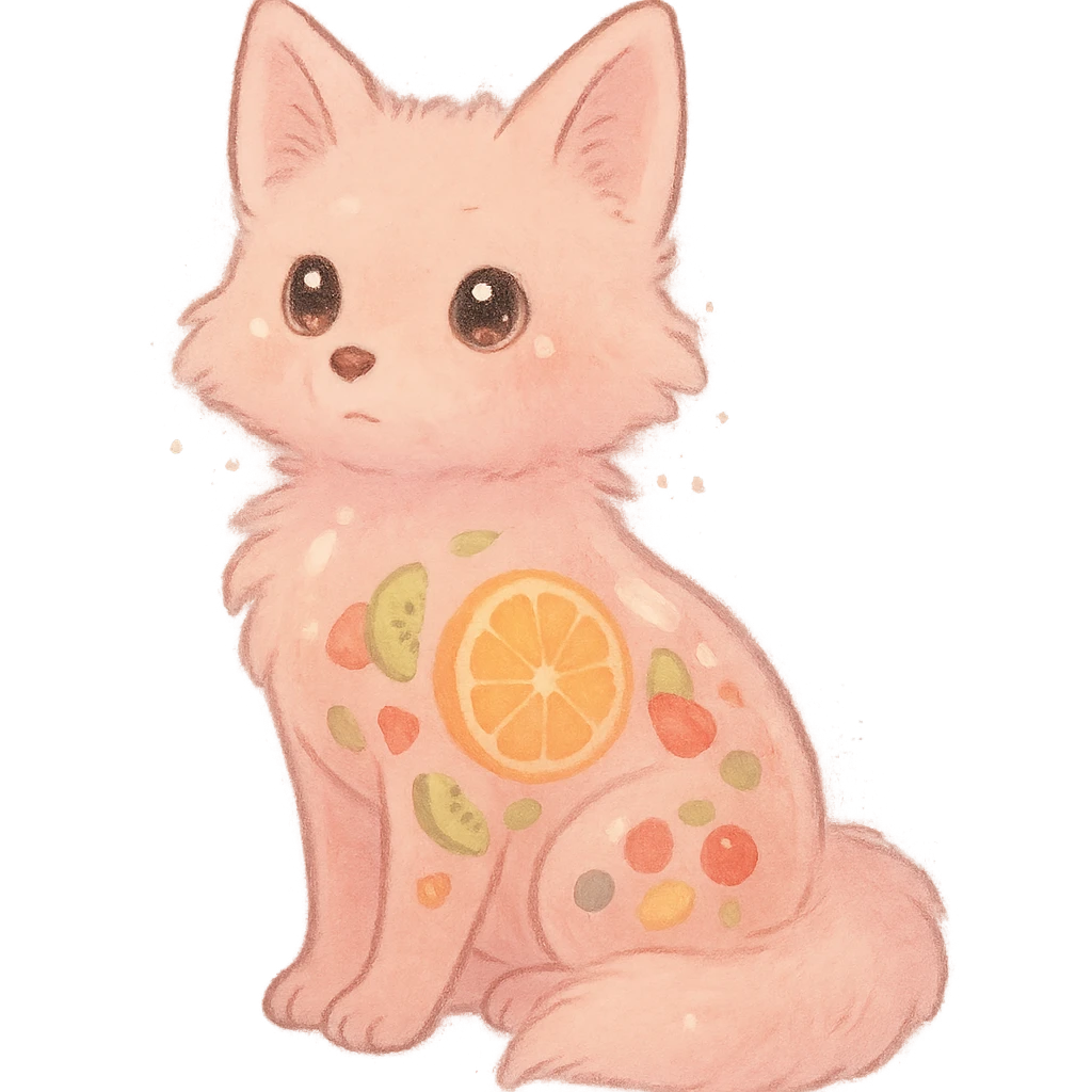 soft fluffy fox with a transparent body and visible fruit pieces inside, sparkling eyes, pastel pink, full-body emoji