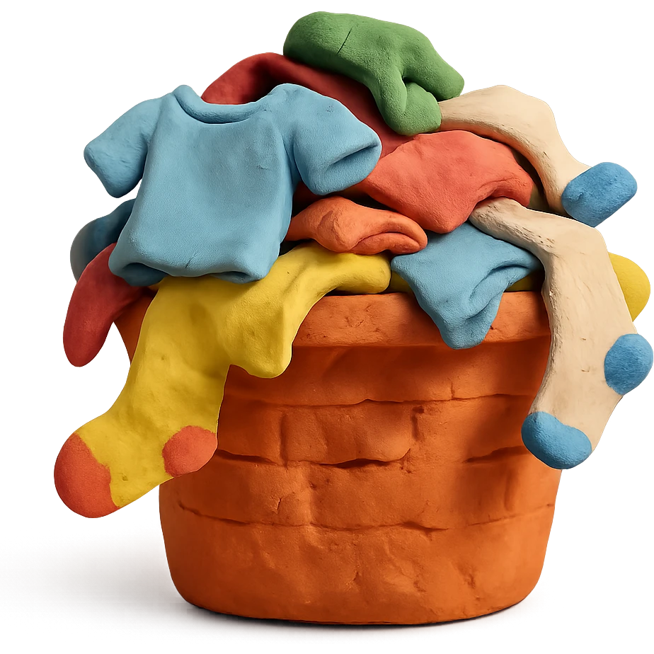 overflowing laundry basket, mix of socks and t-shirts, playful look, claymation style emoji
