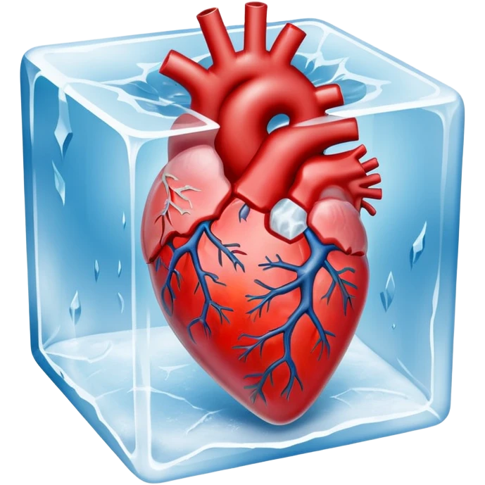 A highly detailed, realistic human heart frozen solid inside a transparent cube of ice, with visible cracks, frost, and cold mist surrounding it, dramatic lighting, dark background emoji