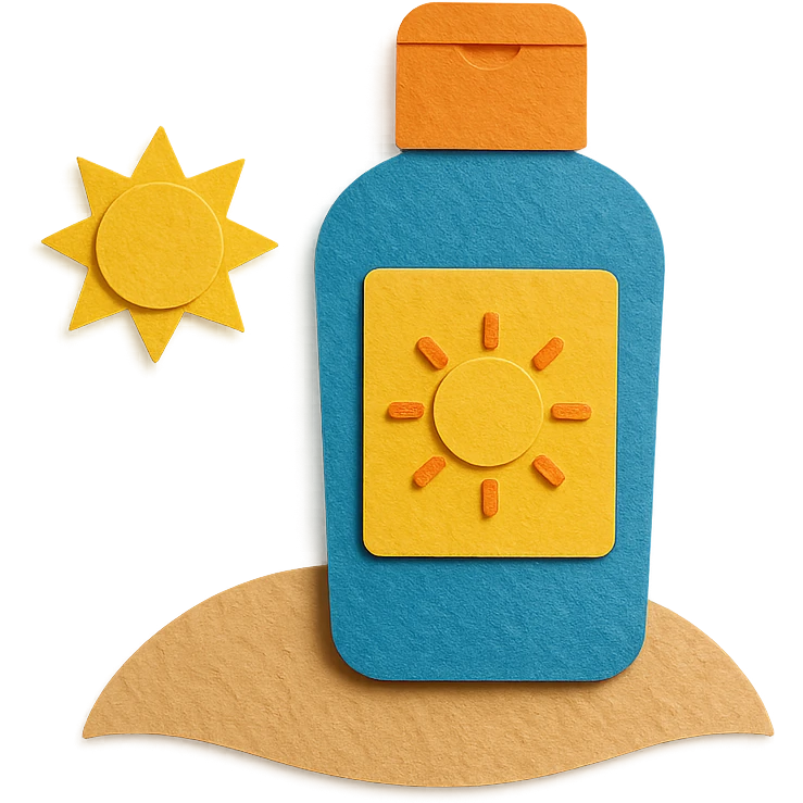 illustration of a sunscreen bottle with a sun icon on a sandy beach, bright colors, paper-craft style emoji