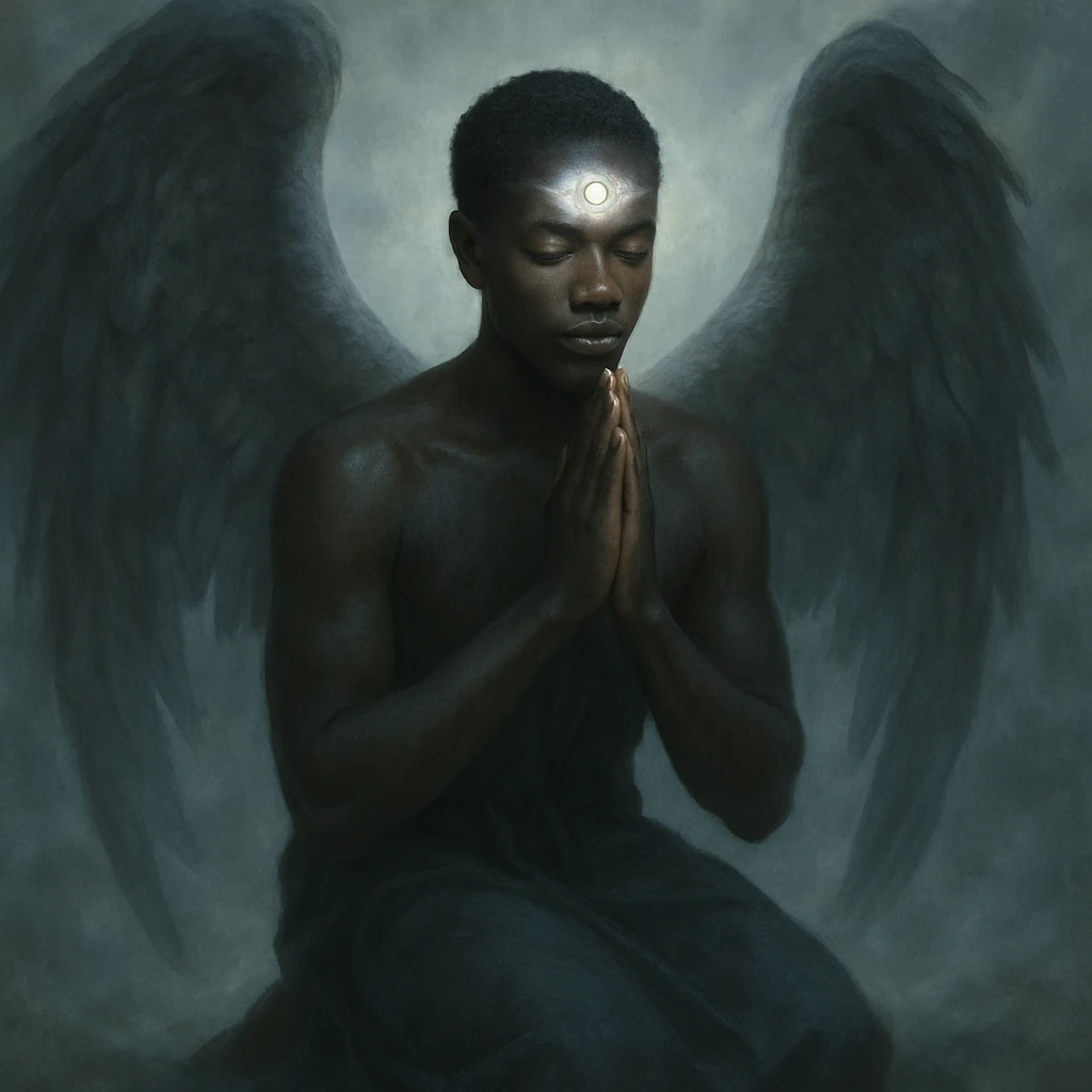 a black angel kneeling in prayer with a glowing third eye on forehead, ethereal atmosphere emoji