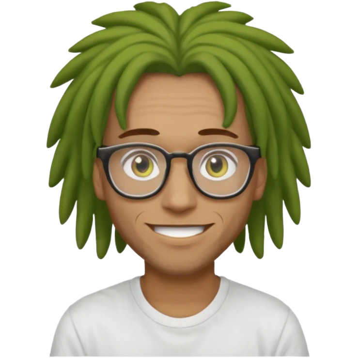 man with brown dreads white tee golden eyes light green skin glasses and white smile emoji
