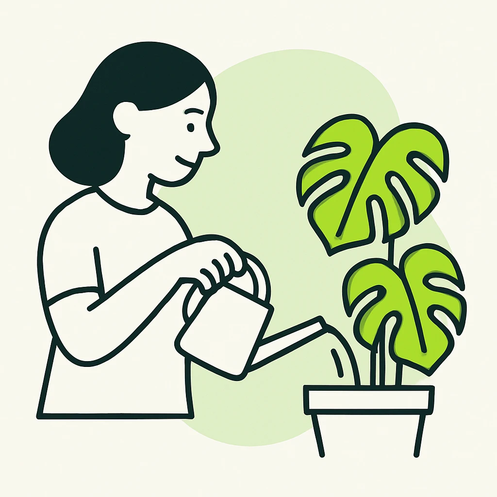 woman watering her monstera plant emoji