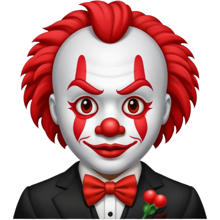 Crea un payaso que tenga toda la cara absolutamente toda la cara blanca, junto con la parte del pelo que sea blanco, pero que no tenga pelo con unos cuernos negros y que tengo un traje de payaso negro con rojo emoji