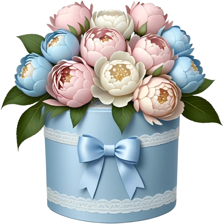 A vintage hatbox, wrapped in an ivory lace bow, holds a carefully arranged selection of blush-white and pale blue peonies, their petals unfurling like whispered secrets. A wide, pearl-adorned ribbon encircles the arrangement, its elegant bow tied with effortless grace. The edges of the ribbon flutter gently as a soft breeze drifts through the open window, carrying the delicate fragrance of fresh blooms into the air.

 emoji