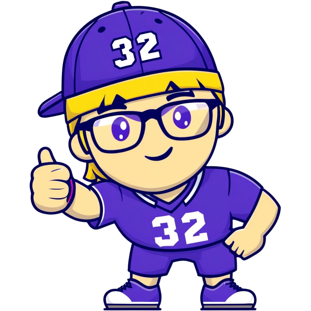 Man with black and white cap, purple sports jersey with number 32, clear glasses, light blond mullet hairstyle, thumbs up gesture, relaxed expression emoji