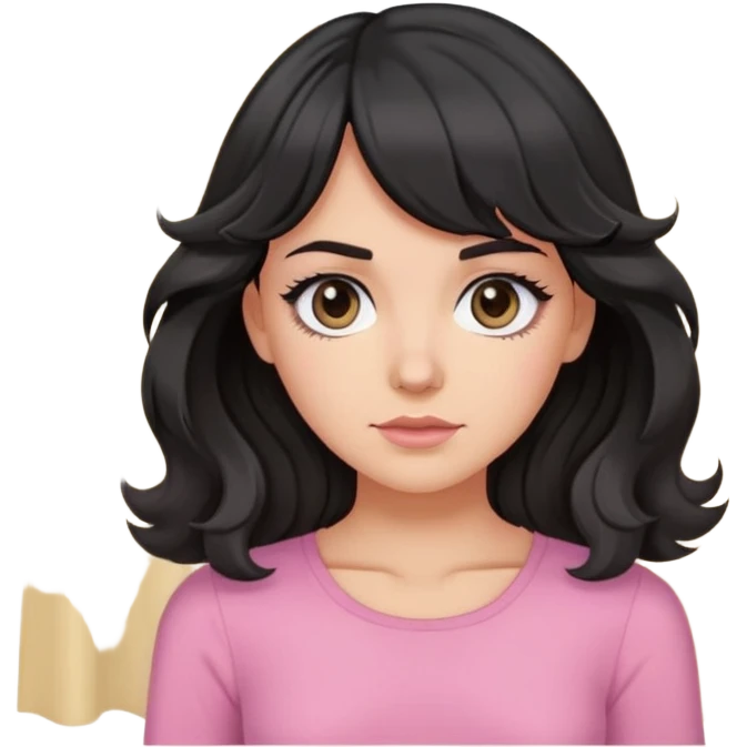 White girl with chest length black wavy hair with curtain bangs, gray eyes, wearing a pink top emoji
