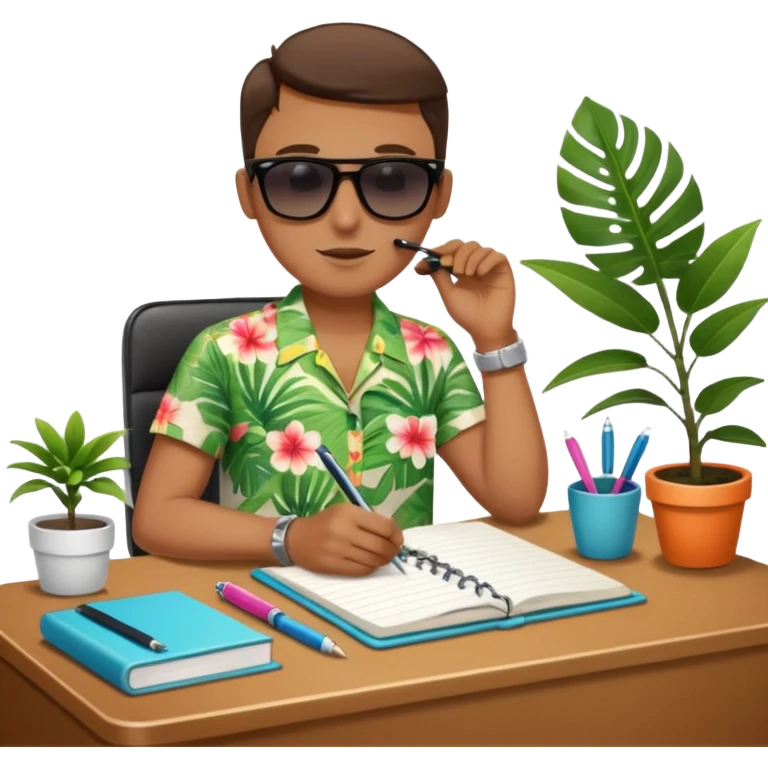 DE VACACIONES y detrás un escritorio moderno, con una notebook, una agenda y una planta con una flor emoji