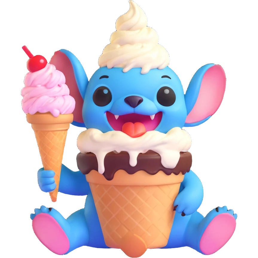 Stitch sitting with a giant ice cream sundae emoji