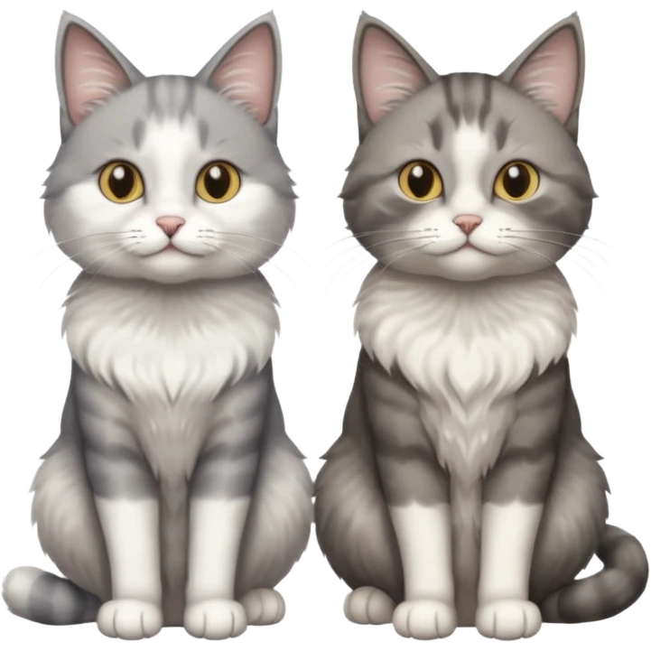 a realistic looking very fluffy grey and white cat with grey legs and white paws, sitting next to another cat emoji
