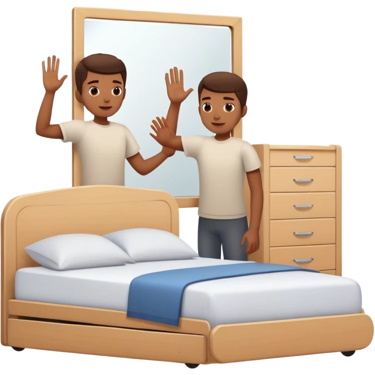 A person stands beside their bed, rolling out groggily with determination. The bed behind them is neatly made, a mirror in front of them shows them high-fiving their reflection. A glowing sunrise outside signals the start of a productive day. emoji