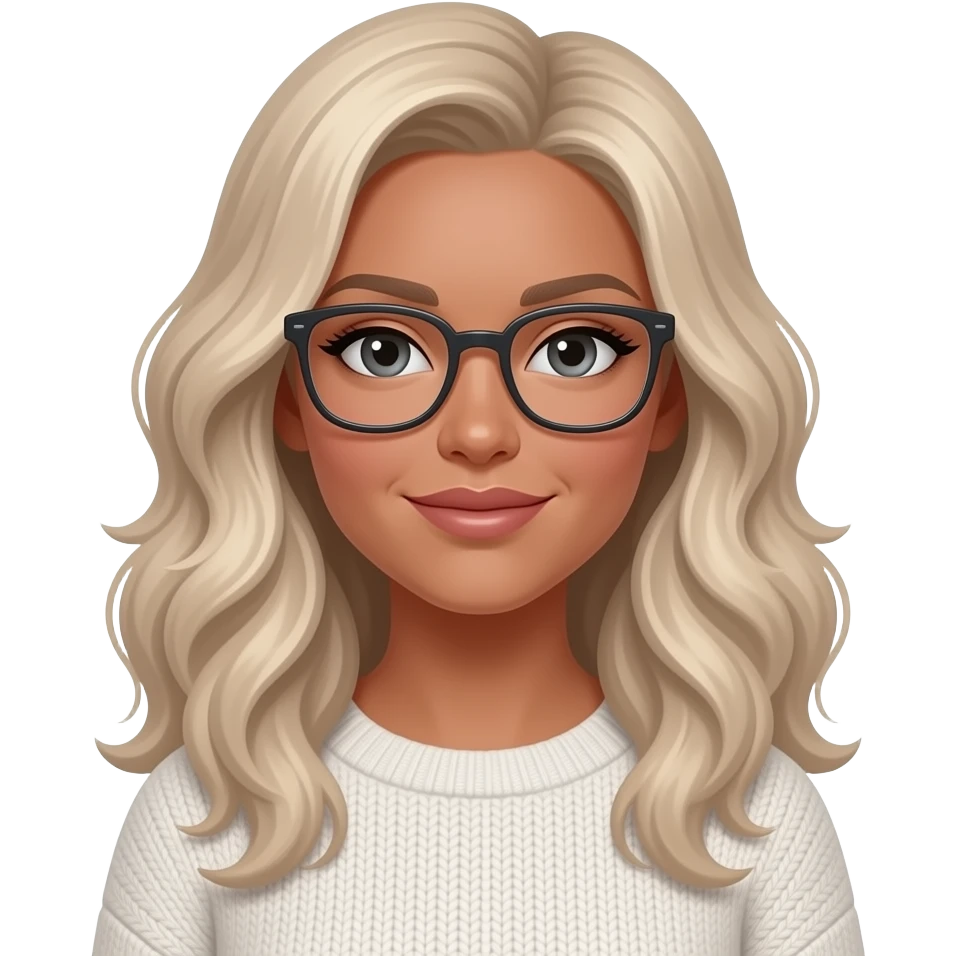 woman with long cool toned blonde loosely  curled hair, rectangular glasses and tan skin wearing a jumper emoji