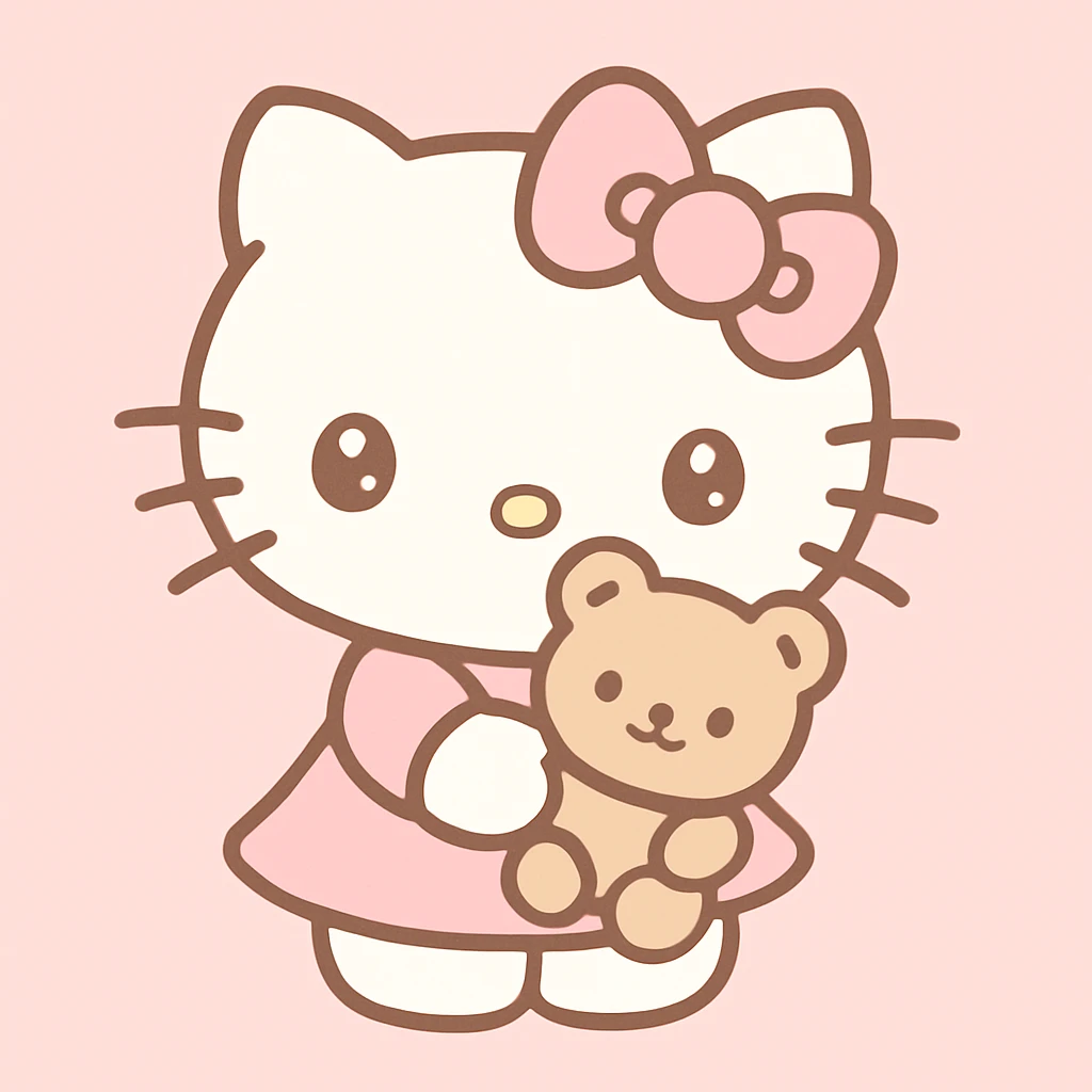 Hello Kitty, pastel colors, kawaii style, holding a small teddy bear, soft pink background emoji
