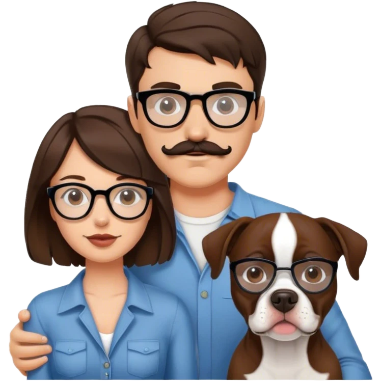 young couple wavy hair brunette man w wire glasses and mustache and brunette girl with bob and a brown pitbull boston terrier  emoji