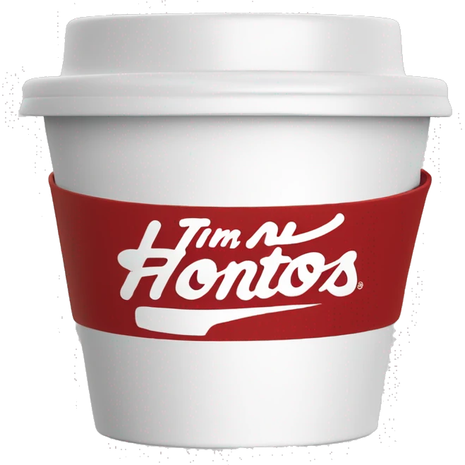 “Red Tim Hortons coffee cup with large white ‘Tim Hortons’ logo in script, black plastic lid, and a simple, clean design.” emoji