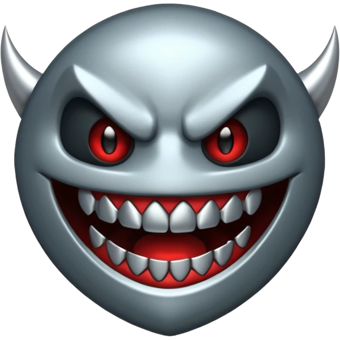 Stylized emoji icon of metallic teeth with sharp fangs, chrome texture, dark shadows, aggressive look emoji