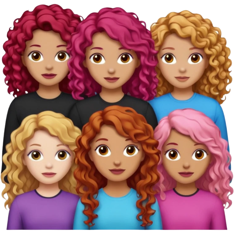 5 girls  curly redhead, one with brunette dyed blonde hair, one long haired wavy brunette, one mid-length haired brunette, and one black haired girl with partially dyed bright red/pink hair emoji