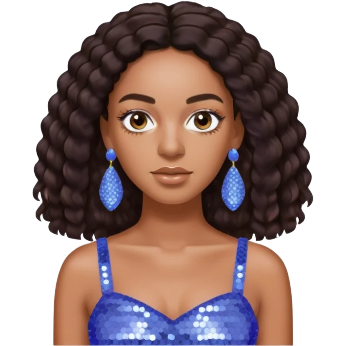 Solange with dark brown long hair, periwinkle sequin crop top, periwinkle earring emoji