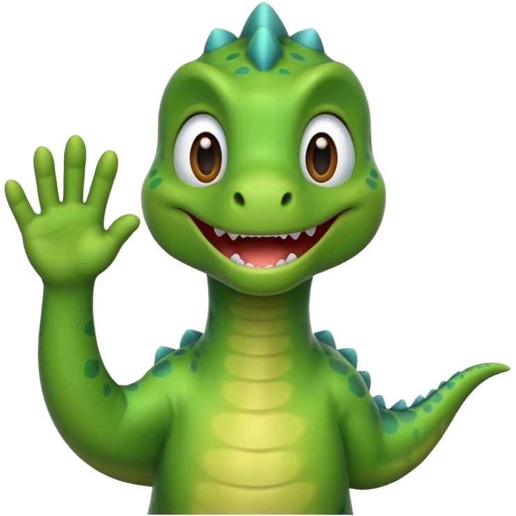 A friendly cartoon dinosaur waving hello emoji