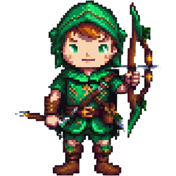 pixel art of Robin Hood with green outfit and bow emoji