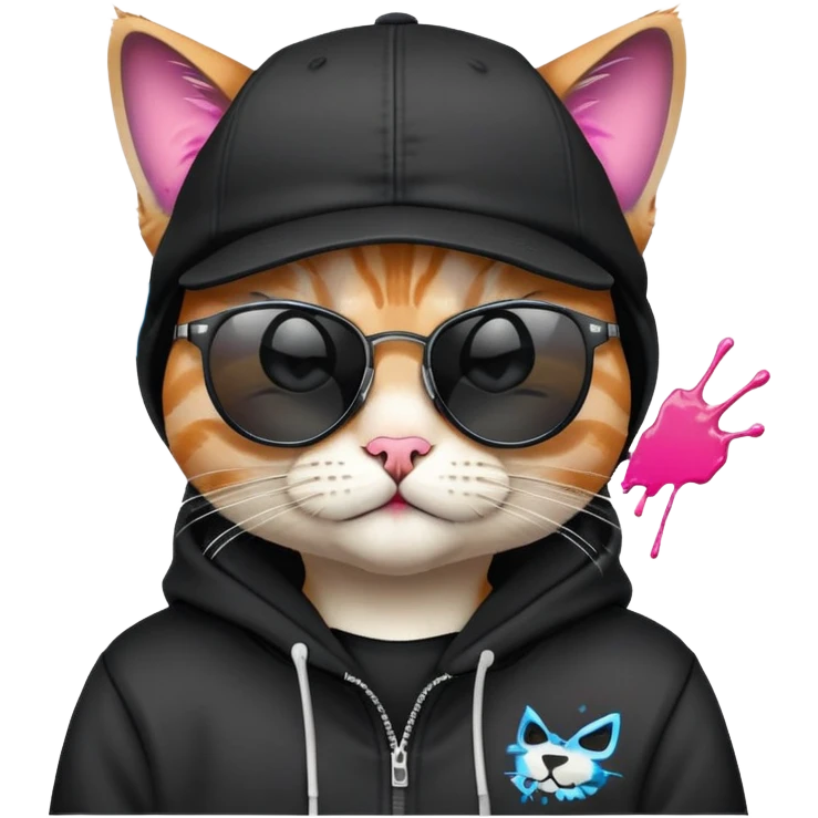 cat wearing a black snapback cap and black hoodie, with black sunglasses positioned low on his nose, winking one eye while looking directly at the viewer over the top of his sunglasses with a mischievous expression, doing graffiti with spray paint emoji