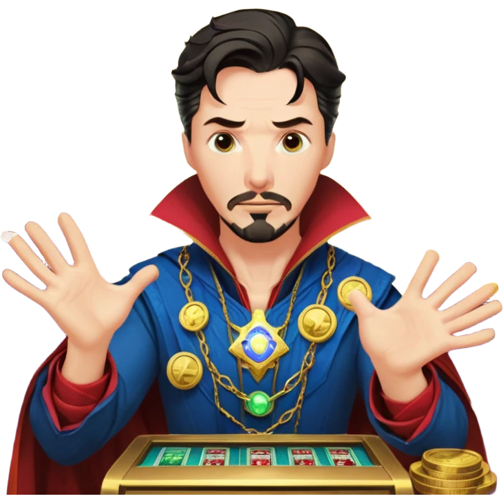 disheveled Doctor Strange losing money at a slot machine, panicked face, coins flying emoji