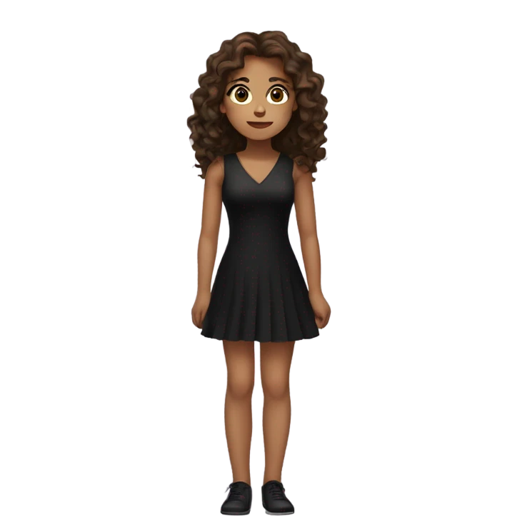 a girl with brown eyes and brown long wavy hair sitting in a black short dress  emoji