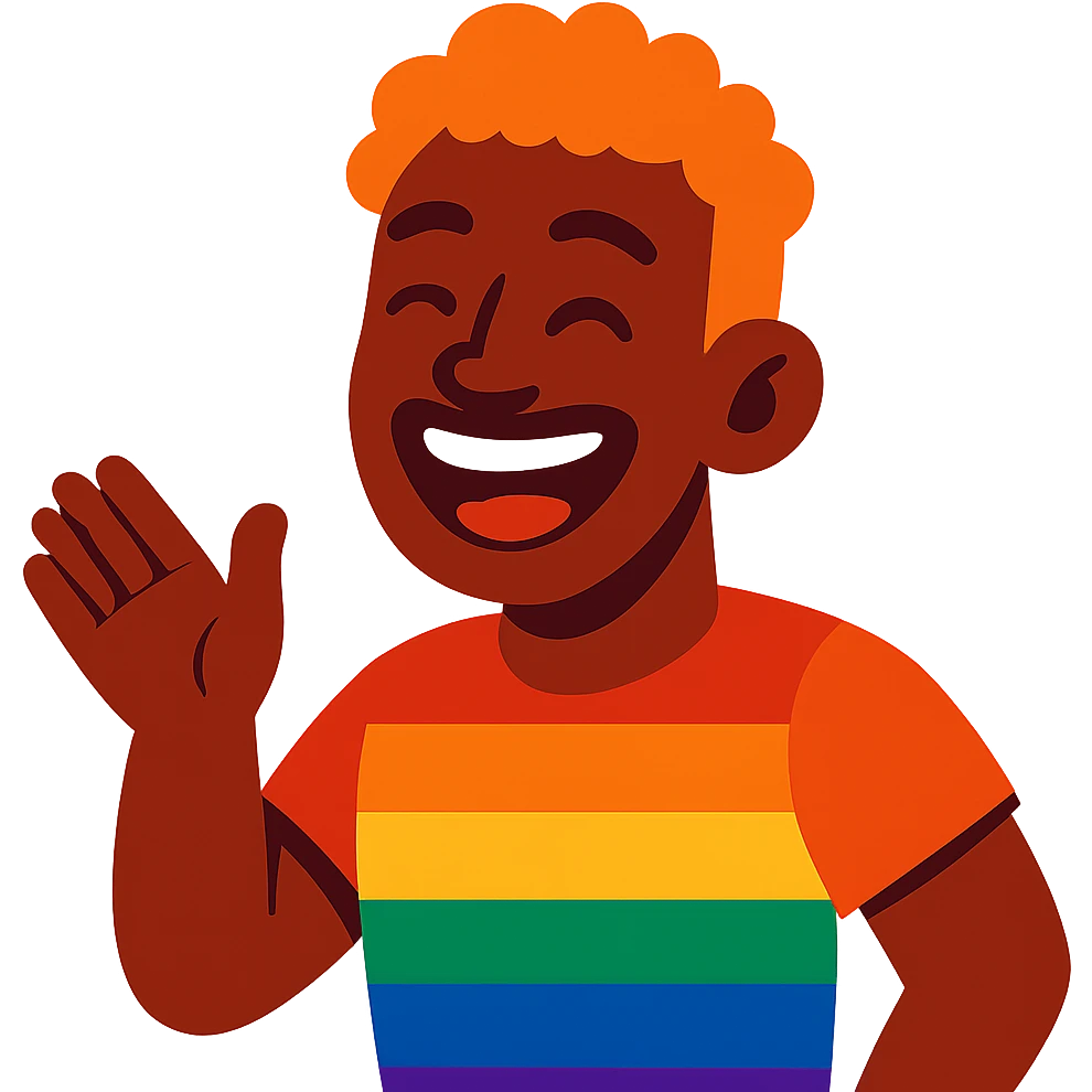 joyful gay Black man with ginger hair, smiling, vibrant cartoon style emoji