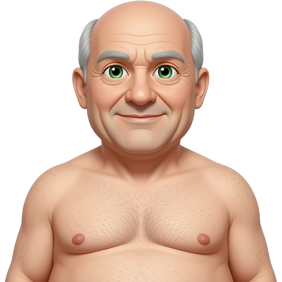 yeux verts gentil vieux homme dans la cinquantaine, cheveux grisonnants et calvitie, ventre surpoids emoji