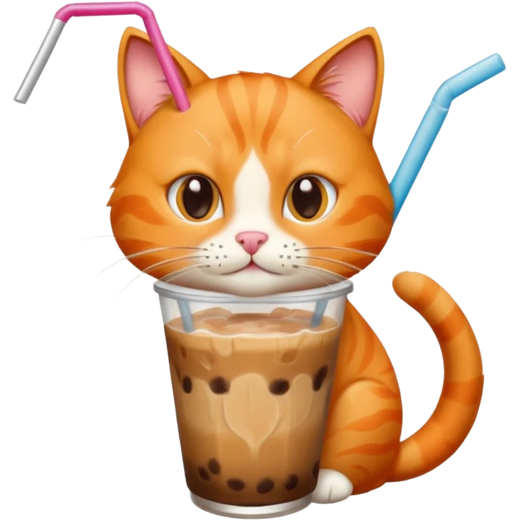 Gato naranja tomando café frio con un popote emoji