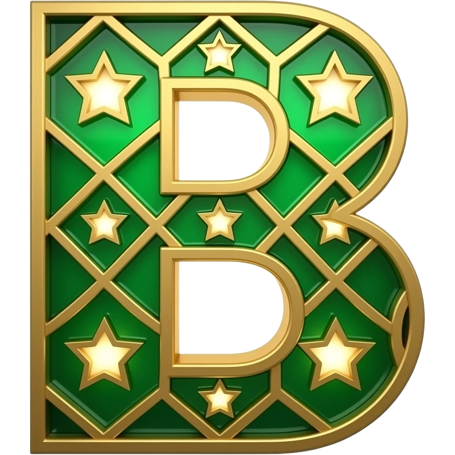An uppercase letter 'B' designed with geometric Islamic patterns and 5-stars-shaped cutouts. Made from rich emerald-green glass with brushed gold edges. Backlit with a warm amber glow, 8k resolution, clean minimalist design emoji