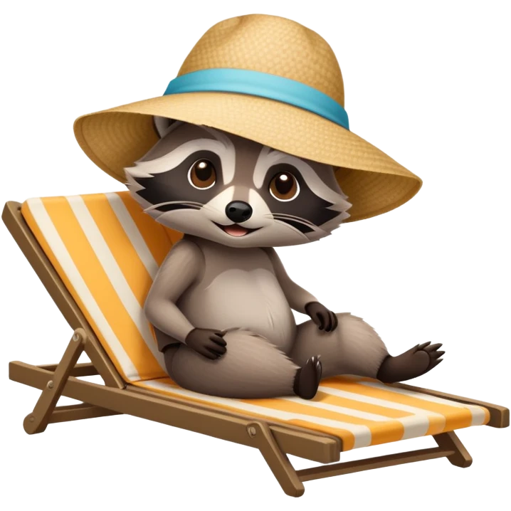 a raccoon on a beach sun bathing on a lounger with a sun hat on emoji