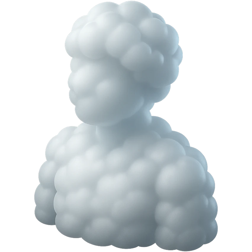 A person from the shoulders up, entirely composed of fluffy white convex clouds, matte glass style. emoji