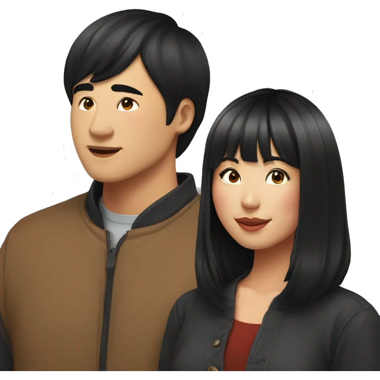 asian woman with black shoulder length hair and bangs kissing asian man with short black hair smiling emoji