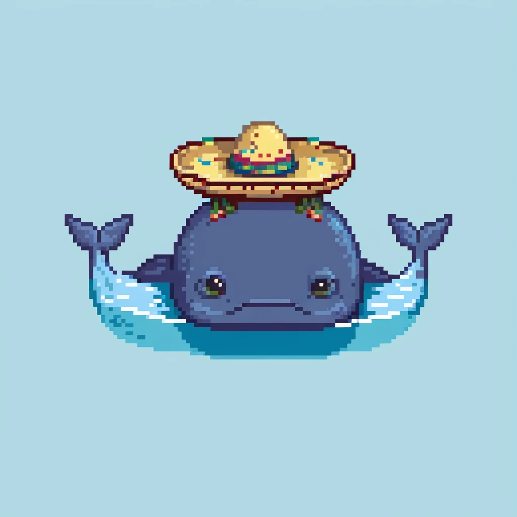 A blue whale with a colorful sombrero hat on its head, swimming in water emoji