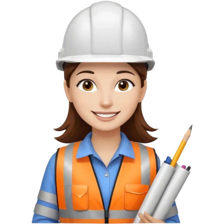 Arquitecta ojos marrones oscuros pestañas pelo marron por los hombros sonrie casco blanco con material de dibujo técnico y chaleco reflectante emoji