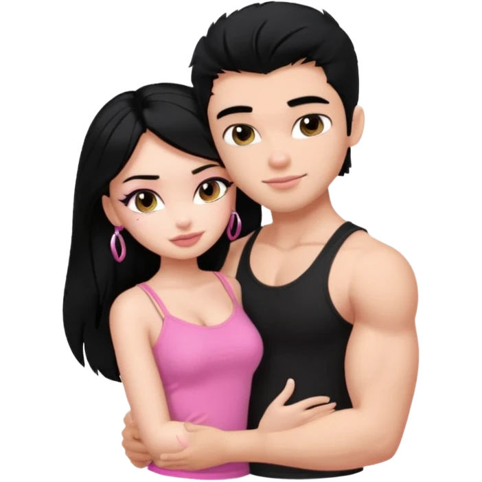 a pretty bratz fair girl. black hair, wearing a pink cami top, she is hugging a handsome fair guy with black hair. lean but muscular.the boy is wearing a black tshirt emoji