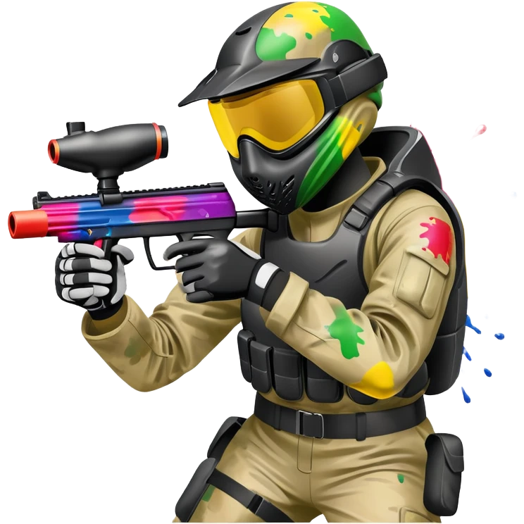A paintball player in full gear, aiming a paintball gun with focus and determination. The scene includes vibrant splashes of paint and a dynamic battlefield setting, emphasizing action, strategy, and teamwork in a competitive environment emoji