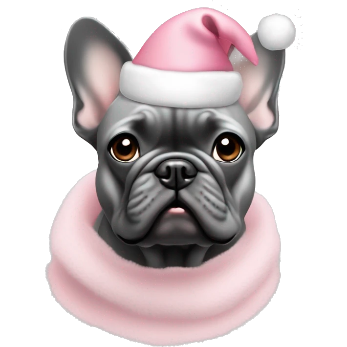 Solid Gray French bulldog with light pink Santa hat emoji