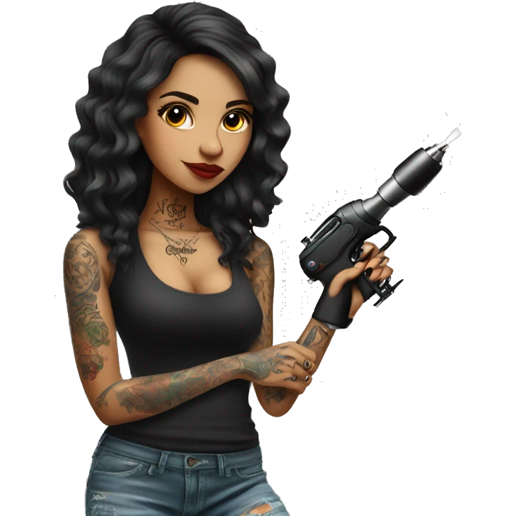Tattoo artist with tattoo gun. The artist is Hispanic girl  emoji